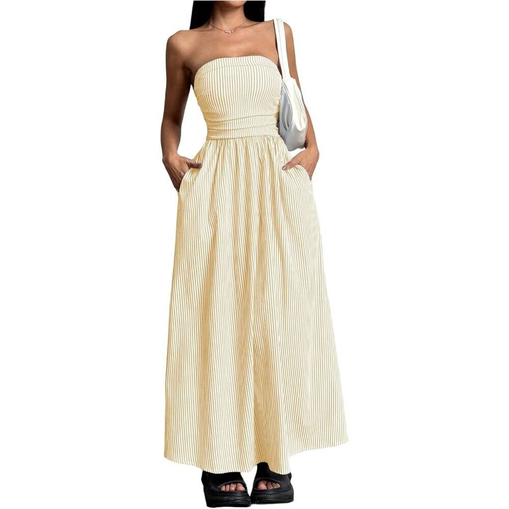 Women's Light Yellow Strapless Maxi Dress Summer Tube Top Long With Pocket